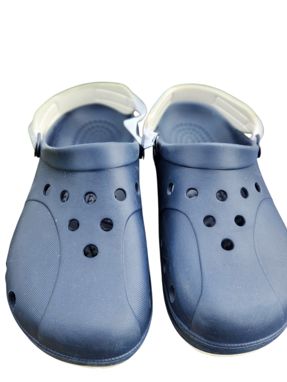 CROCS Navy Clogs with White Heel Strap